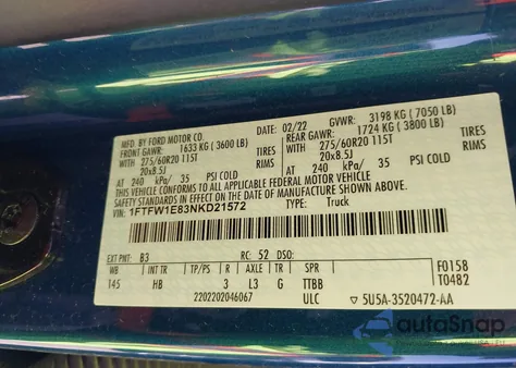 2022 Ford F-150 Lariat from USA, damaged, VIN 1FTFW1E83NKD21572